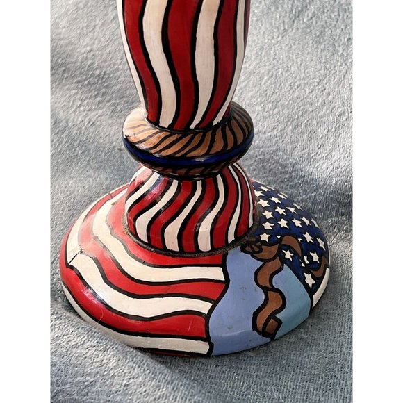 Americana Handmade Wooden Country Patriotic Candlestick Signed by Artist - Picture 7 of 8